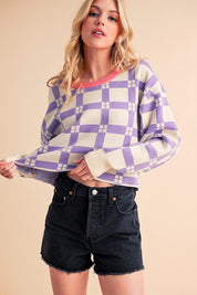 Lavender and white checkered Aemi + Co cropped boxy sweater with bell sleeves