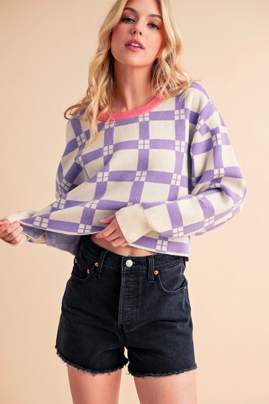 Lavender and white checkered Aemi + Co cropped boxy sweater with bell sleeves
