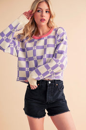 Lavender plaid Aemi + Co cropped boxy sweater with pink trim