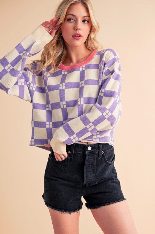 Lavender plaid Aemi + Co cropped boxy sweater with pink trim