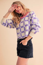 Lavender plaid Aemi + Co cropped boxy sweater with pink trim