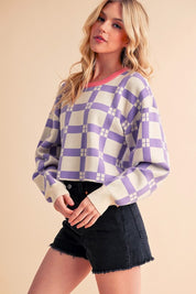 Lavender and cream checkered Aemi + Co cropped boxy sweater