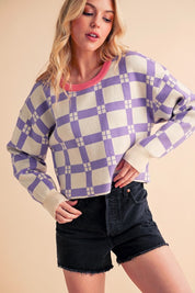 Lavender and cream plaid Aemi + Co cropped boxy sweater with rolled sleeves