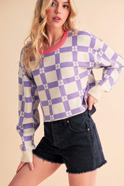 Lavender plaid Aemi + Co cropped boxy sweater with pink trim