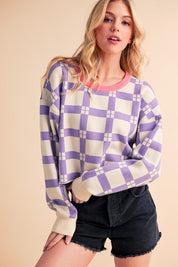 Lavender plaid cropped boxy sweater with pink trim and rolled cuffs by Aemi + Co