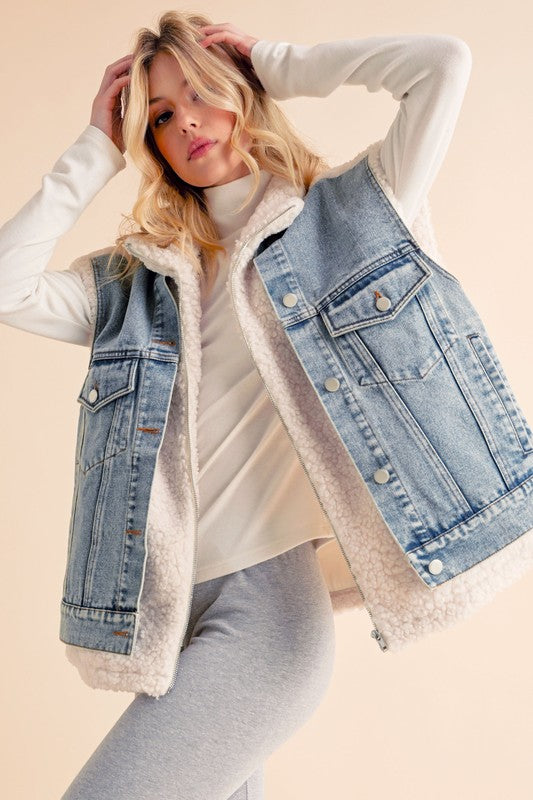 Aemi+Co Sherpa Denim Vest Jacket Denim Vests