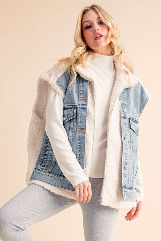 Aemi+Co Sherpa Denim Vest Jacket Denim Vests