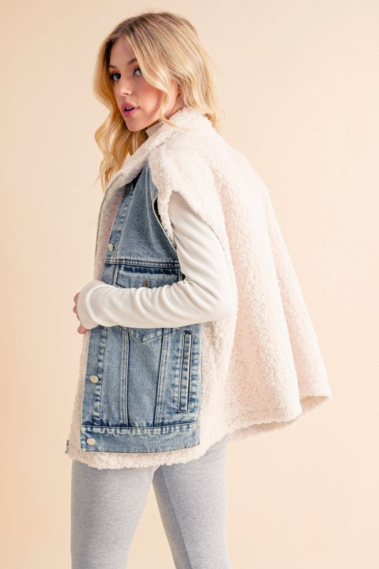 Aemi+Co Sherpa Denim Vest Jacket Denim Vests