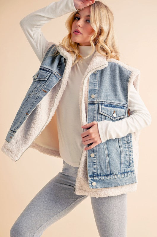 Aemi+Co Sherpa Denim Vest Jacket Denim Vests