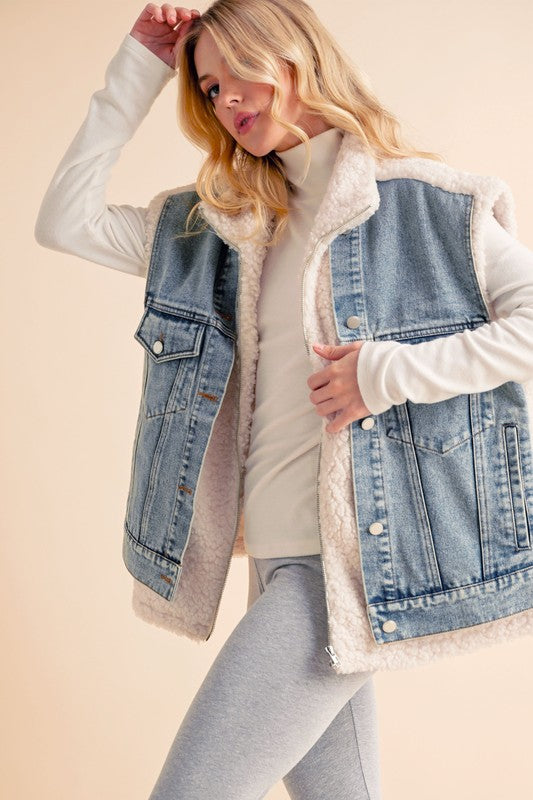 Aemi+Co Sherpa Denim Vest Jacket Denim Vests