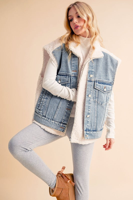 Aemi+Co Sherpa Denim Vest Jacket Denim Vests