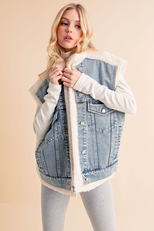 Aemi+Co Sherpa Denim Vest Jacket Denim Vests