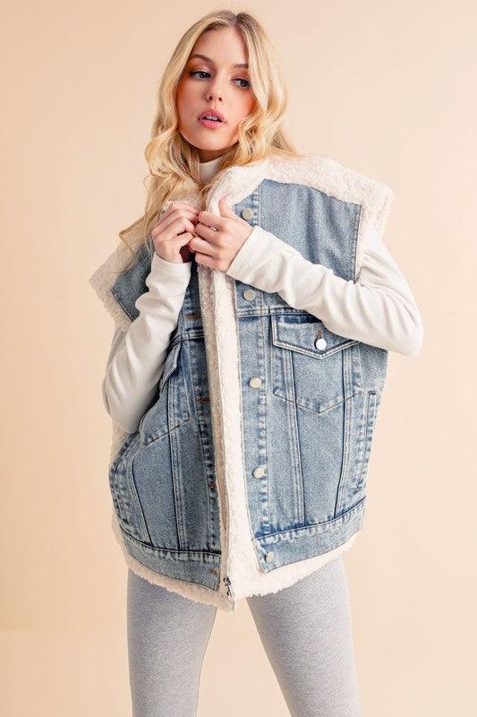 Aemi+Co Sherpa Denim Vest Jacket Denim Vests