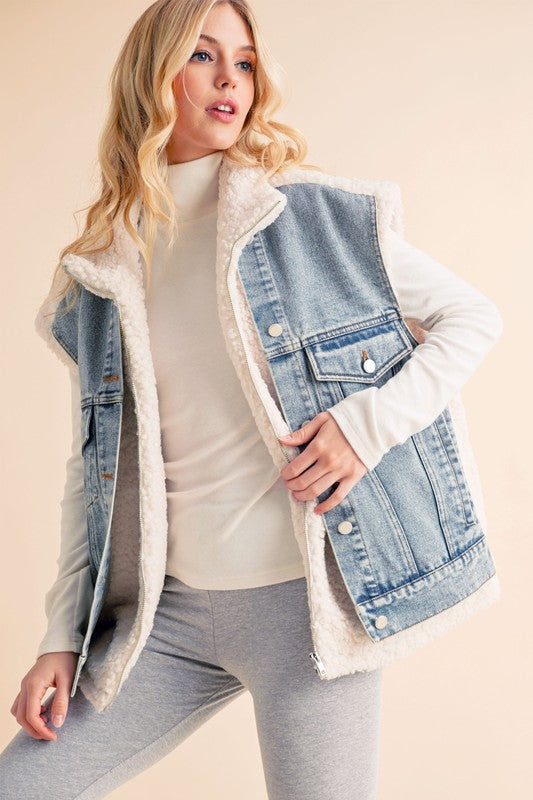 Aemi+Co Sherpa Denim Vest Jacket Denim Vests