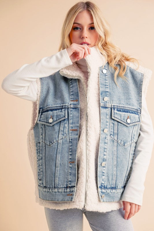 Aemi+Co Sherpa Denim Vest Jacket Denim Vests