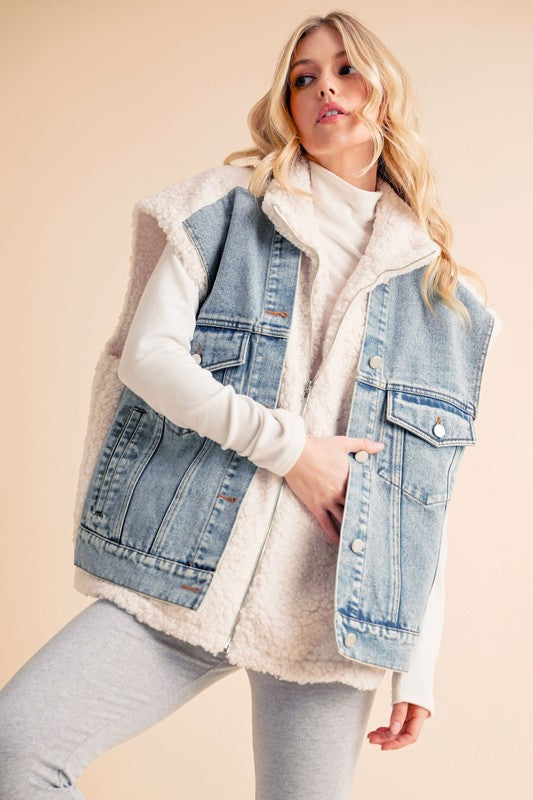 Aemi+Co Sherpa Denim Vest Jacket Denim Vests