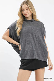 CHARCOAL Umgee Textured Mock Neck Relaxed Top | Knit Tops Daverri Fashions
