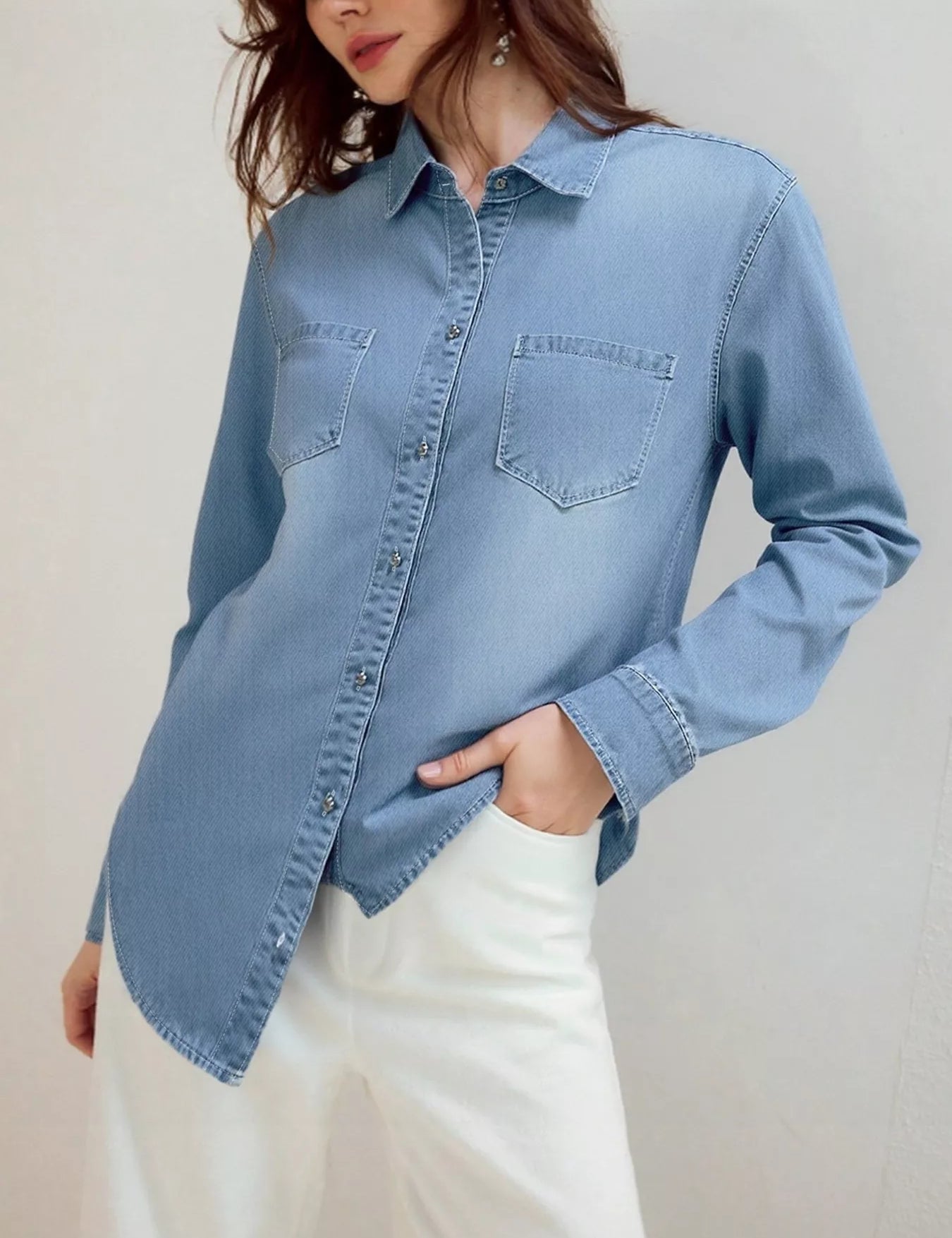 Light blue plus size Daverri Fashions long sleeve denim button-up shirt
