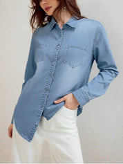 Light blue plus size Daverri Fashions long sleeve denim button-up shirt