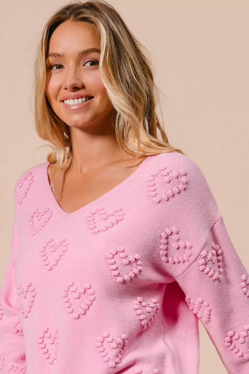 BiBi Valentines Heart Pompom V Neck Knit Top | Knit Tops Daverri Fashions