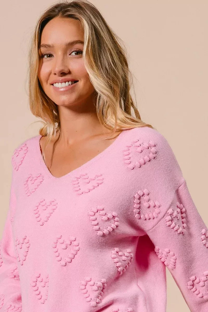 BiBi Valentines Heart Pompom V Neck Knit Top - DAVERRI FASHIONS