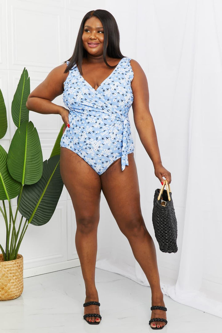 Marina West Swim Full Size Float On Ruffle Faux Wrap One-Piece in Blossom Blue Swimwear