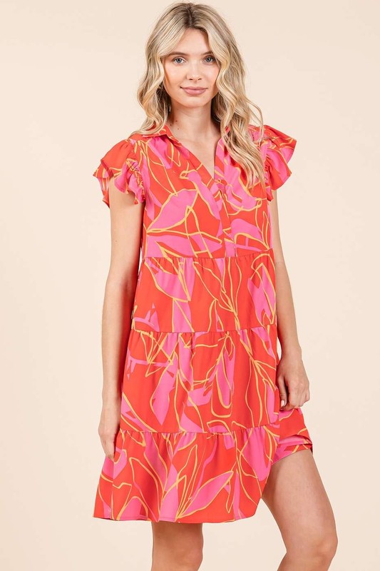 Mittoshop Leaf Print Ruffle Sleeve Tiered Mini Dress Mini Dresses