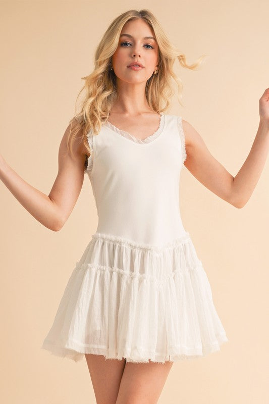 Love Drop Waist Dress: white sleeveless V-neck with tiered skirt