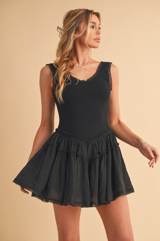 Black Love Drop Waist Dress with lace trim and tiered skirt