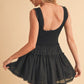 Black Love Drop Waist Dress with tiered mini style, scoop back, ruffled hem
