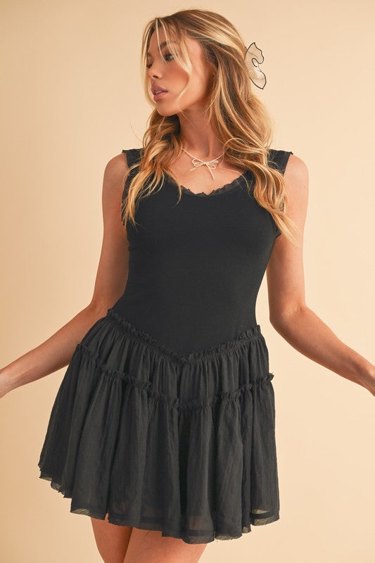 Love Drop Waist Dress: black sleeveless with tiered ruffle skirt, lace neckline