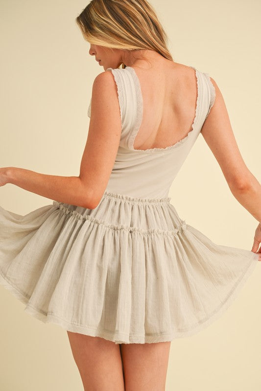 Love Drop Waist Dress: soft light gray tiered mini with fitted bodice