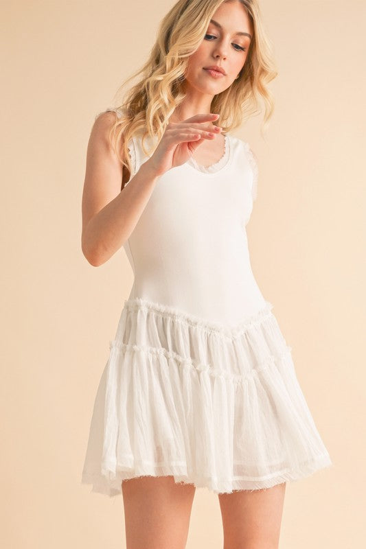 Love Drop Waist Dress: white sleeveless fitted bodice with ruffled skirt
