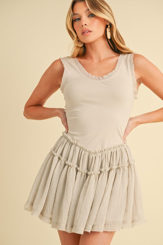 Love Drop Waist Dress: soft off-white sleeveless with ruffles and tiers
