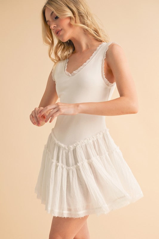 Love Drop Waist Dress: white sleeveless with scalloped neckline and tiered skirt