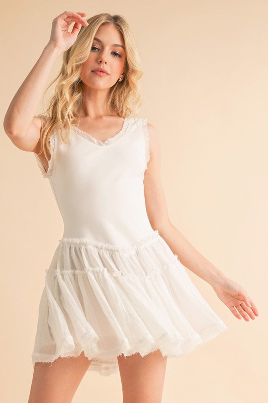 Love Drop Waist Dress: white sleeveless V-neck tiered skirt
