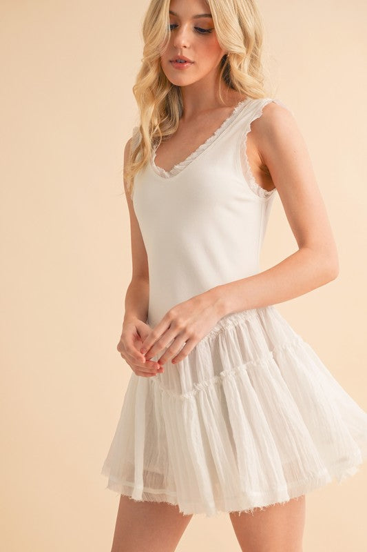 Love Drop Waist Dress: white sleeveless V-neck with ruffled skirt