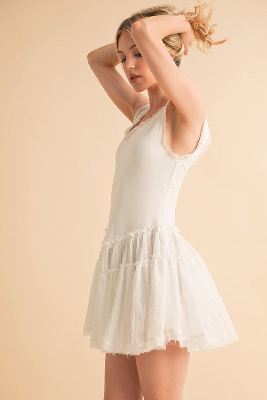 Love Drop Waist Dress: white sleeveless mini with tiered ruffled skirt