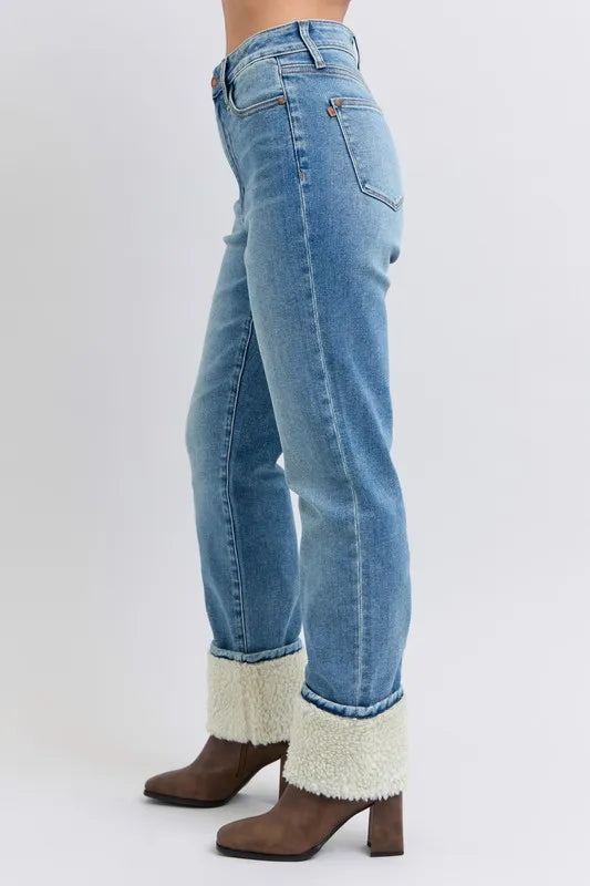 Judy Blue Full Size High Waist Shearling Cuff Straight Jeans