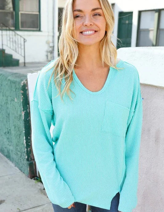Eyes On You Seafoam Mineral Wash Rib Notch Neck Pocket Top | Daverri Fashions