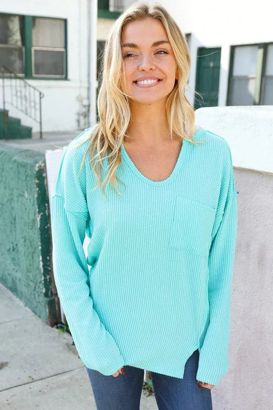 Eyes On You Seafoam Mineral Wash Rib Notch Neck Pocket Top | Daverri Fashions