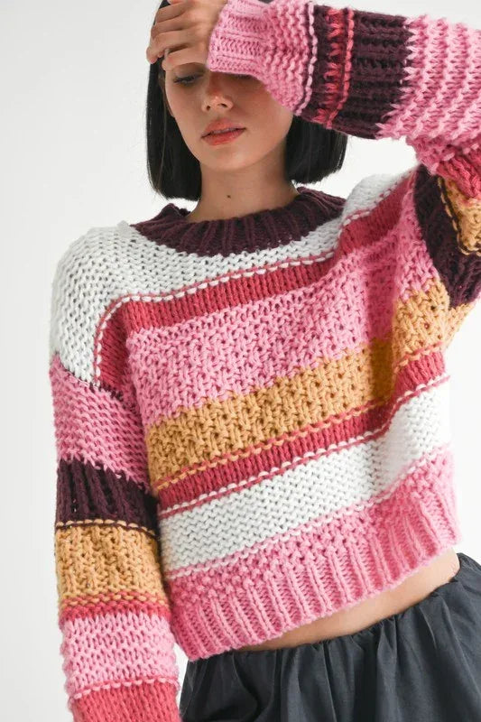 MOCK NECK STRIPED SWEATER - DAVERRI FASHIONS