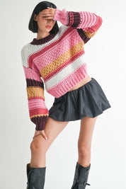 PINK MULTI MOCK NECK STRIPED SWEATER | Sweaters Daverri Fashions