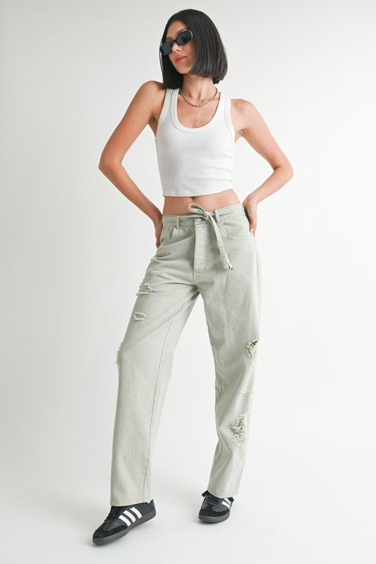 DISTRESSED WIDE LEG PANTS