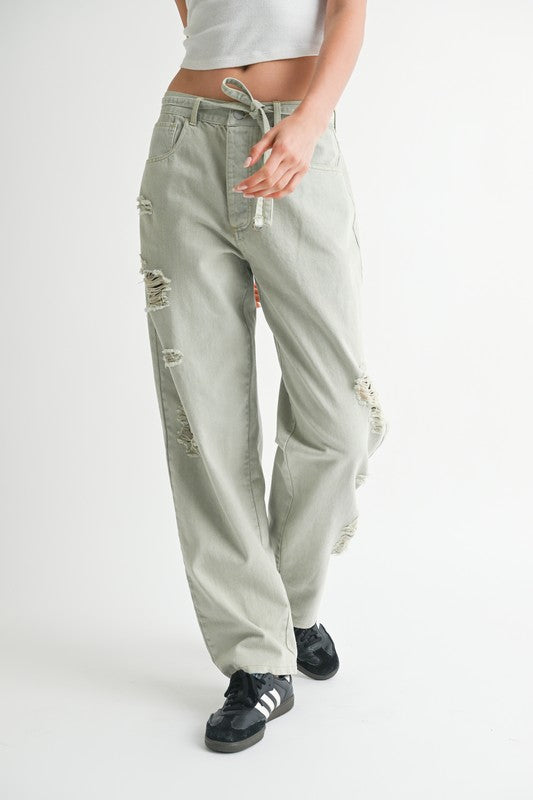 DISTRESSED WIDE LEG PANTS Pants