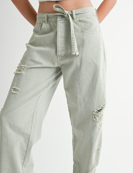 DISTRESSED WIDE LEG PANTS