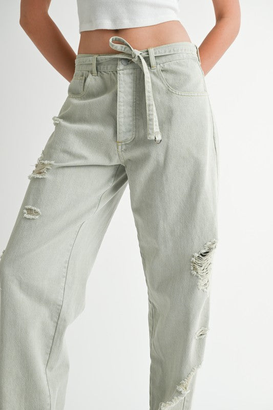 DISTRESSED WIDE LEG PANTS Pants