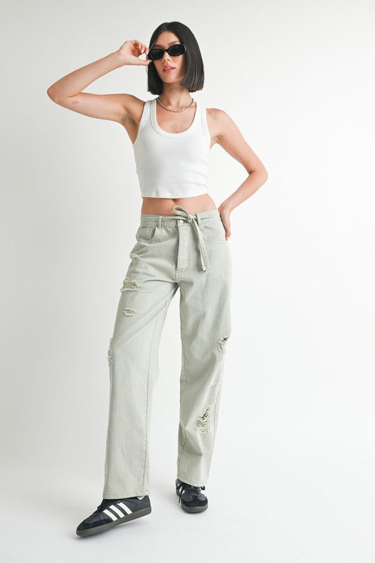 DISTRESSED WIDE LEG PANTS WASHED DENIM