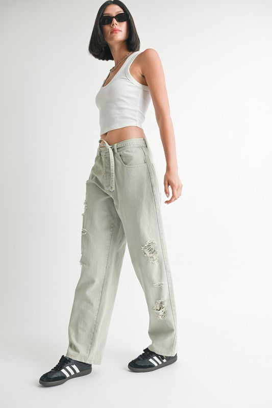 DISTRESSED WIDE LEG PANTS