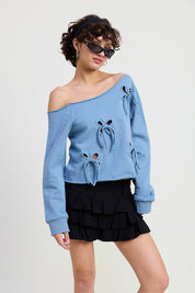 ONE SHOULDER FRENCH TERRY TOP WITH CUTOUT DETAIL DUSTY BLUE